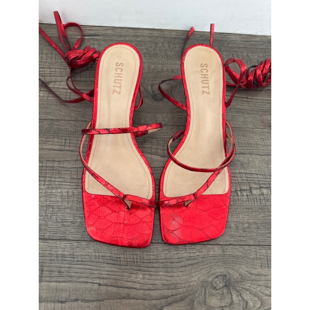 Schutz Lily Mid Metallic Red Croco Embossed Lace Up Square Toe Sandals 8B